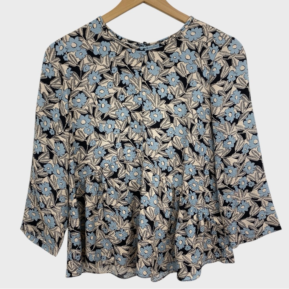 Rebecca Taylor Blue Black White Floral Print Peplum Hem Blouse Size 4